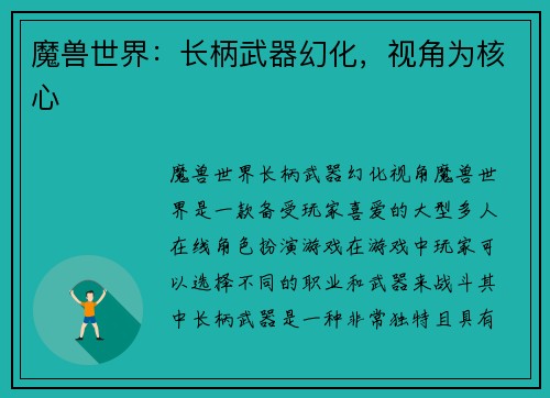 魔兽世界：长柄武器幻化，视角为核心